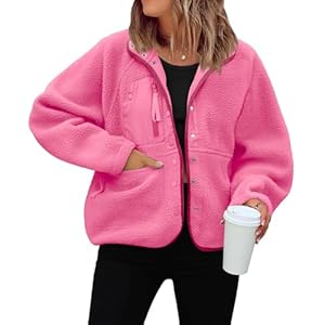 Générique Veste Polaire Femme Hiver Épais Manteau Teddy Boutons Chic Blouson Sherpa Chaude avec Poches Col Revers Manches Longues Outwear Épais Anti-Froid Douillet Rose vif M
