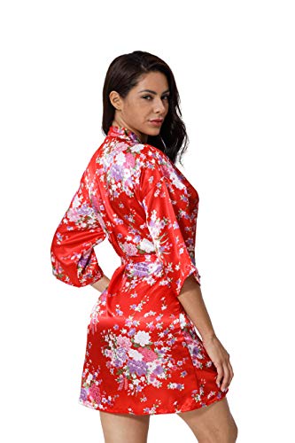 DITSONEO Womens Floral Robes Silk Satin Wrap Kimono Bathrobes Bridesmaid Wedding Party Lightweight Nightgown Red - Thumbnail 3