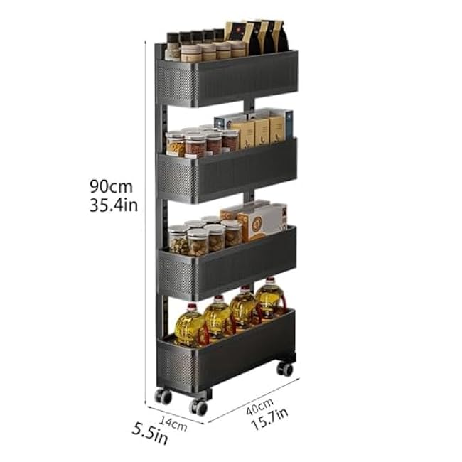 4-Tier Narrow Storage Rack with Wheels Rolling Cart Slim Storage Shelf Organizer for Kitchen Bathroom Decor-aIAvhoIm