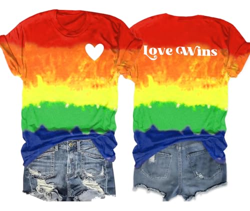 Pride Shirts for Women Love Wins Shirt Rainbow Heart Graphic Tees Gay Pride Tshirt Casual LGBTQ Print Tops(TieDye2,2X-Large)