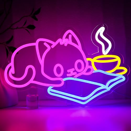 Image of Cat Reading Book Neon Sign for Wall Decor, Cute Cat Led Signs for Library, USB Dimmable Neon Lights for Classroom Reading Cafe Corner Bedroom Study Room Home Book Club Motivational Wall Art