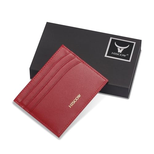 Image of HISCOW Slim Full Grain Leather Card Holder, Wine Red | Men's minimalist EDC wallet, front pocket carry, 6 credit card slots & center pocket, fits folded bills, premium gift box