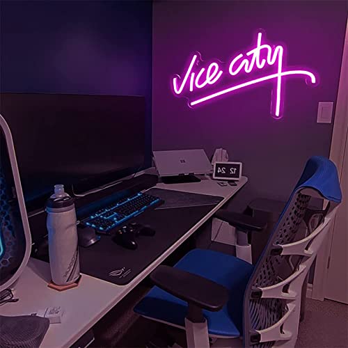 IMEGINA Pink Vice City Neon Sign - IMEGINA Dimmable Led Neon Sign for Bedroom 15.6x9.8 Inch, Neon Letters Lights Sign USB Powered for Game Room Bar Party Indoor Girl Pub Man Cave