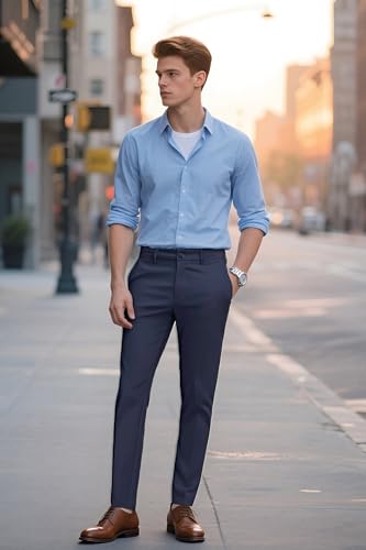 Image of Plaid&Plain Men's Slim Fit Dress Pants Stretch Khaki Pants Wrinkle Free