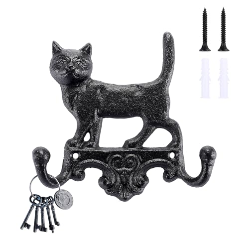 OwnMy Cast Iron Decorative Wall Coat Hook Cat Key Holder Vintage Dog Leashes Holder Key Hooks for Walls Heavy Duty Indoor Outdoor Double Wall Hooks for Hanging Towels Hats Potted Plants Tools