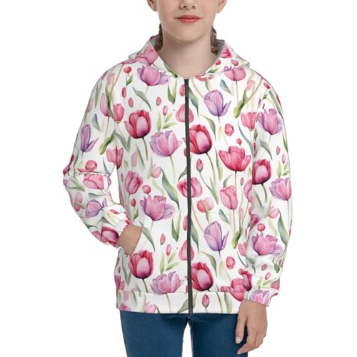 Tulip Flowers Watercolor Kid Hoodies Boys Zip Up Sweatshirts Girls Pullover with Pocket3