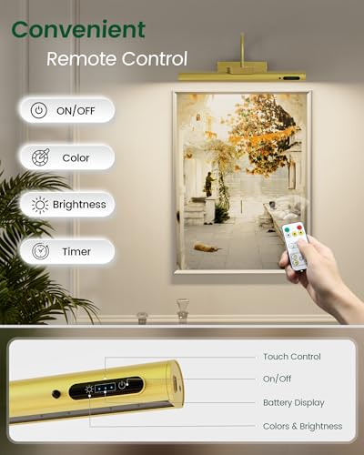 Bridika Picture Light Battery Operated, 13.8in Picture Lights for Wall, 3 Colors & Brightness Dimmable, Rechargeable Art Light for Paintings Photo Dartboard Gallery Bedroom Bathroom Gold - Thumbnail 4