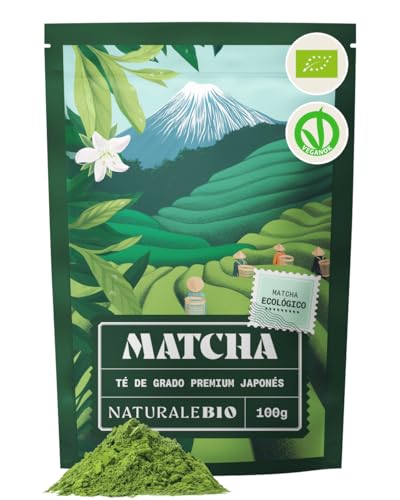 NaturaleBio Té Matcha en Polvo Orgánico, 100g. Grado Premium. Té Verde Japonés. Cultivado en Japón, Uji. Ideal para Beber, para postres, Batidos, té frío, en Leche y como ingrediente