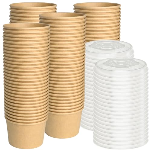 ESSENTIAL Paper Ice Cream Cups with Lids 120pcs 8oz Disposable Dessert Bowls with Lids for Hot or Cold Food Paper Snack Containers for Sundae Frozen Yogurt Soup (Brown)
