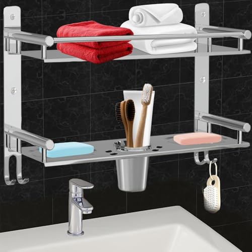 Image of Zureni Towel Holder for Bathroom Multipurpose 304 Grade Stainless Steel Shelf with Hooks Soap Dish Toothbrush Stand Wall Mount Home Washroom Kitchen Accessories (Silver, Set of 1, 1003)
