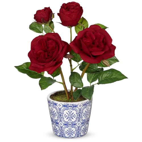 Hollyone Red Real Touch Roses Artificial Flowers in Vase Blue and White Porcelain Ceramic Pot 13.4" Fake Roses Flower Arrangement Artificial Plants & Flowers Potted Plant Faux Silk Rose Flower