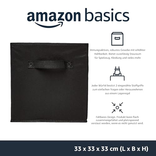 Amazon Basics zusammenklappbarer Aufbewahrungswürfel/Organizer aus Stoff mit Griffen, 6 Stück, Einfarbig Schwarz, 33 cm x 33 cm x 33 cm