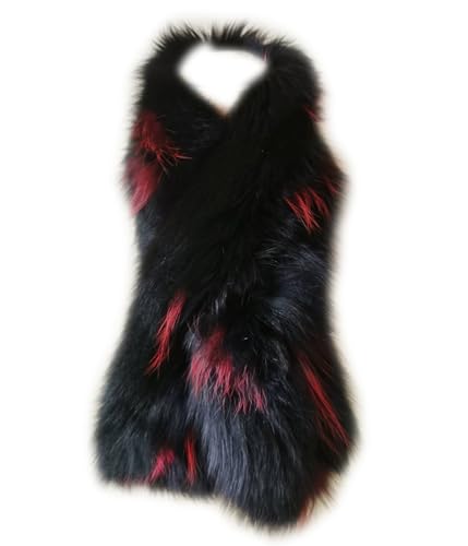XUYUZUAU Femmes Filles Véritable Fourrure de Renard Écharpe Chauffe-cou Mode Fête (Noir + Rouge)