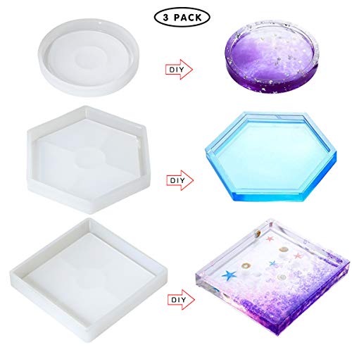 3 Pack DIY Coaster Silicone Molds for Resin, Epoxy Resin Molds Ashtray for Casting Eco-Friendly Sturdy Hexagon Square Round Mold Bottom Bracket for Casting with Resin,Concrete,Cement