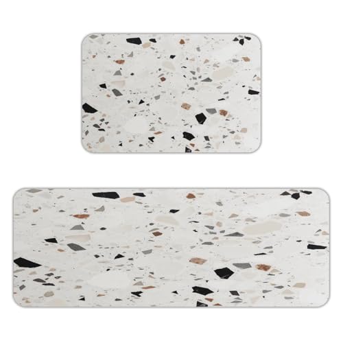 White Terrazzo Kitchen Mats for Floor 2PCS Cushioned Anti Fatigue