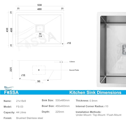 Image of Fossa 21 inchx18 inchx09 inch ๐-๐๐๐๐ ๐๐๐๐๐๐๐๐ Premium Stainless Steel Single Bowl Kitchen Sink | Scratch Resistant, Anti-Stain | Silver (Matte Finish).
