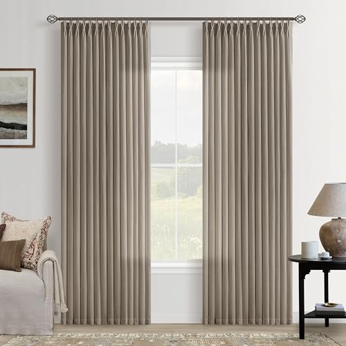 Image of Taupe Pinch Pleated Semi Sheer Linen Curtains 84 Inch Long for Bedroom