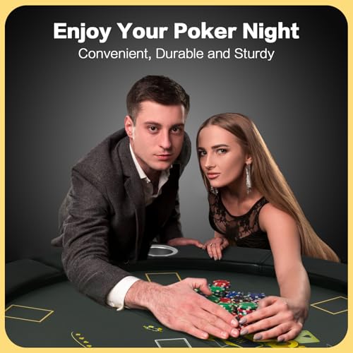 REAHOISY 46" Poker Table with Folding Legs, 6-Player Octagonal Texas Holdem Table with Stainless Steel Cup Holders & Padded Rail, Portable Gaming Table for Blackjack, Family Party, Black/Dark Green