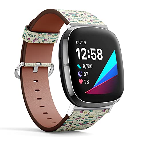 CJBROES Replacement Leather Watch Band, Compatible with Fitbit Versa 3 and Fitbit Sense of Wristband Bracelet Accessory - Color Tea time Flowers