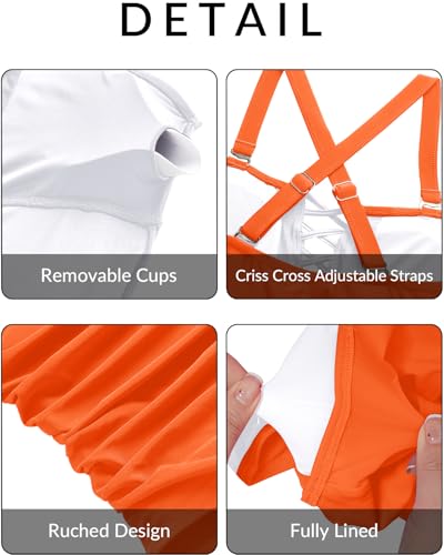 Yonique Women Orange Plus Size One Piece Swimsuits Tummy Control Bathing Suits Vintage Swimwear 14plus - Image 6