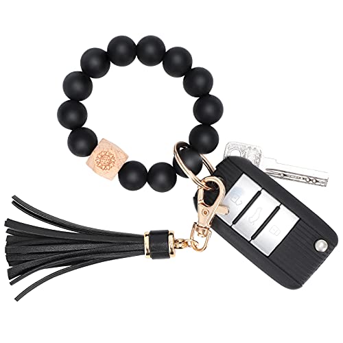 Keychain Bracelet Elastic Silicone Beaded Wristlet Bangle Car Keys Wallet Holder Chains For Women Black #TOP13