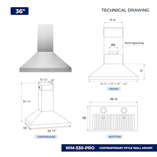 Image of Hauslane Wall Mount Range Hood 36 inch Convertible Kitchen Hood PRO 450-860CFM