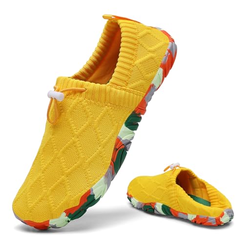 SAGUARO Hausschuhe Damen Herren – Weiche Strick Slip On Barfuß Slipper mit Flexibler Dünner Zero-Drop Sohle,Atmungsaktive Barfußschuhe Faltbar & Waschbar – Ideal für Zuhause,Alltag Reisen Gelb,Gr.40