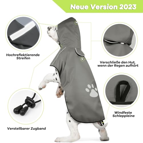 Hunde Regenjacke DQGHQME Haustier Hund Regenmantel mit Kapuze, Einstellbare Hunderegenmantel, Hundemantel Wasserdicht, Reflektierend Regencape Hund, Regenjacken für Klein Mittelgroße Groß Hunde, L