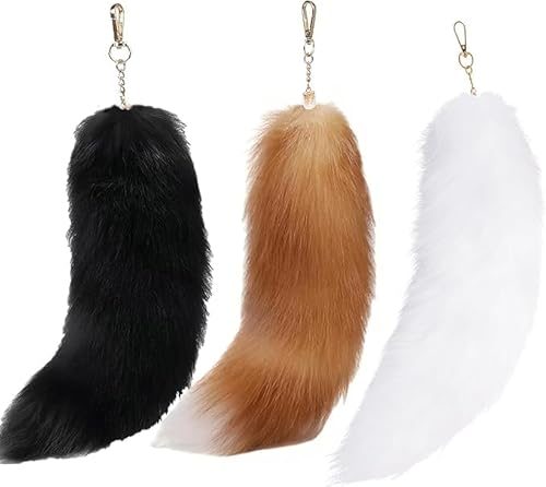 Therian Fox Tail Keychain Set, 3Pcs Faux Fur Tassels Pendant, Cosplay Accessories and Keyrings (Black White Golden)