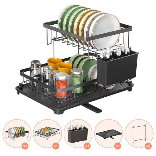 E-MANIS Dish Drying Rack,Dish Rack for Kitchen Counter,2 Tier Dish Rack w/a Cutlery Holder Compact Dish Drainers with 360° Swivel Drain Spout for Dishes,Cup,Knives,Spoons,Forks,Black, rzx-6371 - Image 5