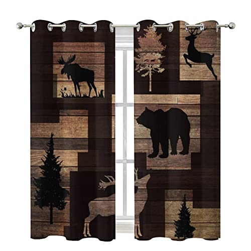 Rustic Lodge Cabin Blackout Curtains For Living Room,Abstract Vintage Jungle Wildlife Elk Deer Tree Bear Room Darkening Window Curtains With Grommets - 42X45In #TOP7