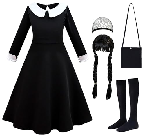 Luzlen Black Costume Girls with Wig Socks Kids Toddler Family Dress Halloween Cosplay Outfits Black 6-7Y(Tag 140)
