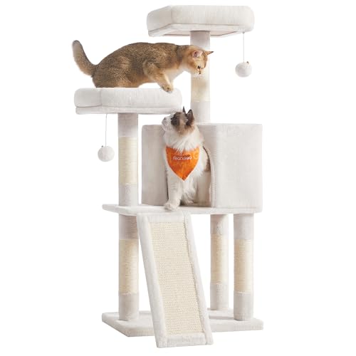 Image of Feandrea Cat Tree, 45.3-Inch Cat Tower, Plush Condo Scratching Post, White | 45.3-Inch Cat Tower, Plush Condo with Scratching Post, Ramp, Perch, Spacious Cave, Cream White
