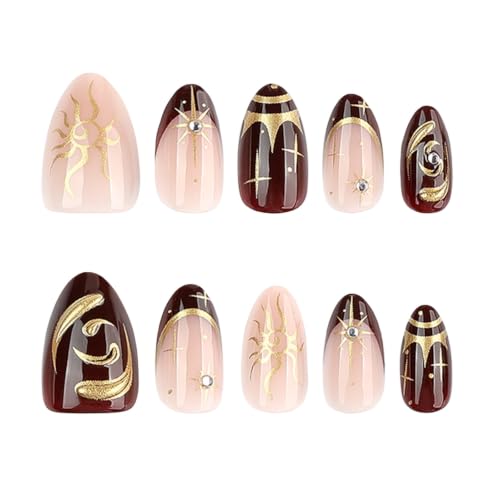 Image of Dark Red Press on Nails Short Almond Fake Nails Gold Sun Star False Nail | with Rhinestone Design French Tip Nail Press ons Glossy Full Cover Nude 3D Gold Line Stick on Nails for Women Manicure 24Pcs