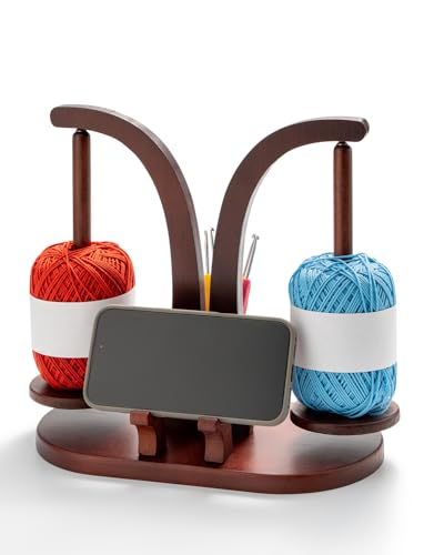 CENLYIN Wooden Yarn Holder with Phone Stand and Hook Storage