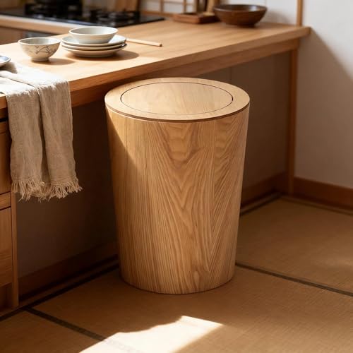 Caneca de basura de madera redonda con tapa miniatura 4