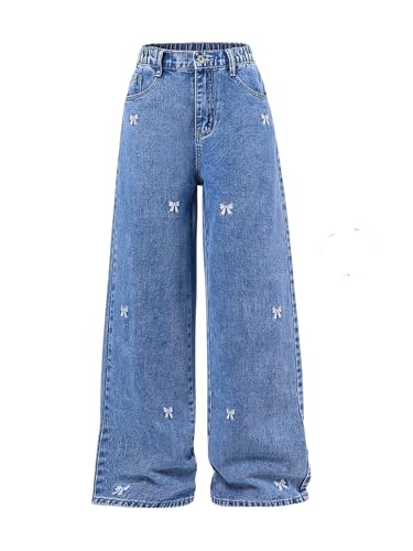 WDIRARA Girl's Bow Embroidered Baggy Jeans Elastic Wide Leg Denim Pants