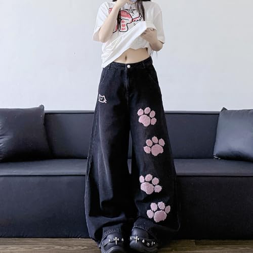 Kawaii Fashion High Waisted Wide Leg Jeans Y2K Casual Harajuku Cute Cat's Claw Patchwork Pants for Women4