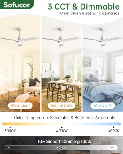 Image of Sofucor 52 Inch Wood Ceiling Fans with Lights and Remote, Modern, White | 3 Blade, Quiet Reversible DC Motor, 3CCT Dimmable, 6 Speed, Timer, Indoor /Covered Outdoor /Bedroom /Living Room /Patio /Kitchen
