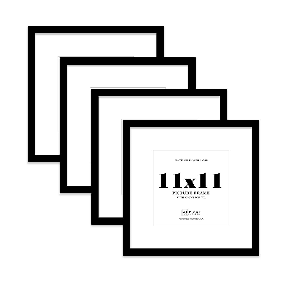 11x11 Black Picture Frame with Mount for 9x9 Photos, Prints - Modern Square Wall Frame, Set of 4