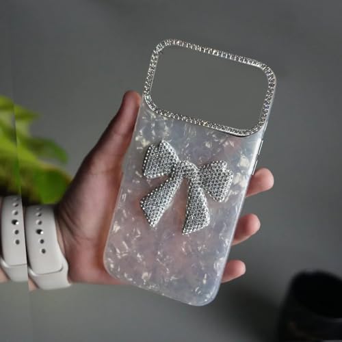 Image of mobistyle Compatible with iPhone 17 Pro | Rhinestone Bow Elegant Heart Shell Pattern and Camera Lens Protection Back Cover Case for Women Girls iPhone 17 Pro (White)