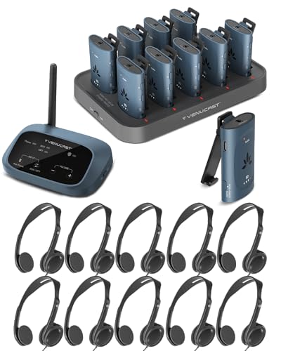 Venucast AuraPlex MX & HF11 Pack – Sistema de Escucha asistida Auracast para Iglesias, 1 transmisor, 10 receptores y 10 Auriculares on-Ear con Cable con Conector de 3.5 mm