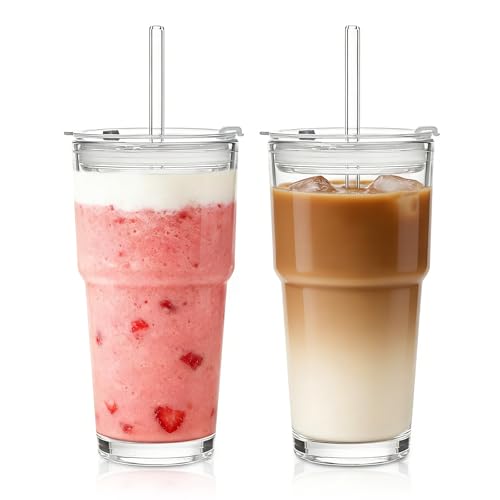 SoulTimes 20oz Glass Tumbler with Lid and Glass Straw –Set of 2, Clear Reusable Iced Coffee Cup, Drinking Glass for Coffee, Tea, Juice, Smoothies – Durable & Elegant Glassware