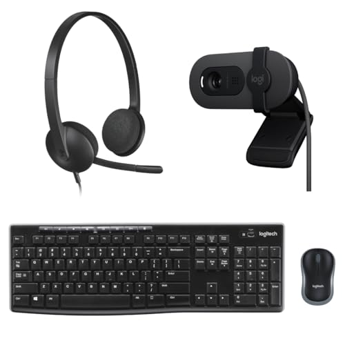Image of Logitech Monitor Bundle with MK270R Wireless Keyboard (Full-Size, Plug-Play) + H340 USB Headset (Noise-Cancel, Digital Stereo) + Brio 100 Webcam (1080p, auto Light)