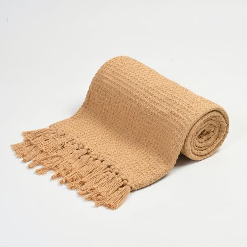 Image of Handloom Cotton Throw for Sofa & Bed | Soft Lightweight Boho Blanket | Decorative All-Season 100% Cotton Sofa Throw - 50x60 inch (Beige)
