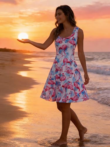 Image of uideazone Women Funny Print Sleeveless U Neck A Line Casual Midi Dress | Soft Stretchy Breathable Fabric Flared Swing Sundress Fitted Waist for Daily Wear 80 /90s Themed Party Beach Vacation Trips