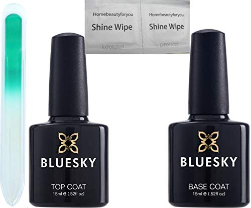 Bluesky Large Top and Base 15ML Nail Gel Polish UV LED Soak Off Plus Homebeautyforyou Crystal Glass Nail File PLUS 2 Shine Wipes
