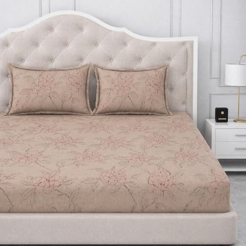 Image of 300 TC Cotton Feel Glace Cotton Elastic Fitted Bedsheet for King Size Double Bed | Fits up to 8 Inch Mattress | Printed Bedsheet with 2 Pillow Covers (Petal Pulse, Double Size - 72 inchx72 inch)