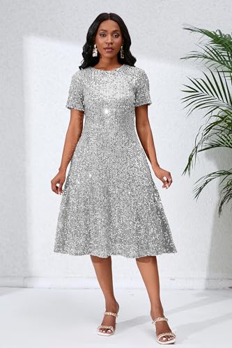 Image of Sequins Glitter Short Sleeve Women's Maxi A-line Dress - Sparkly Party Elegant