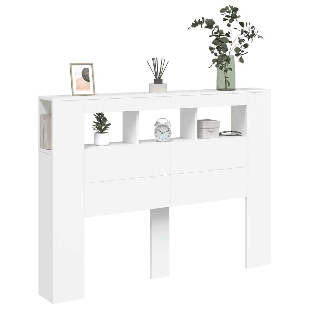 vidaXL Cabecero con LED, Cabecera con Almacenaje, Cabezal de Cama, Cabecero para Dormitorio, Madera de Ingeniería Blanco 140x18,5x103,5 cm